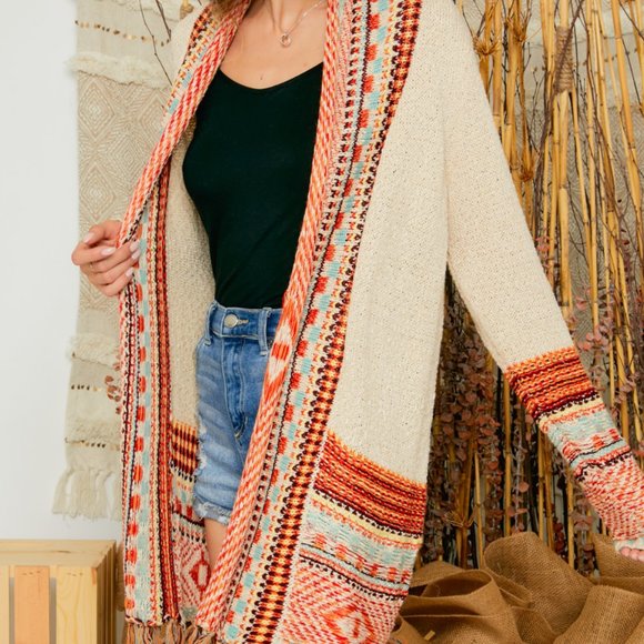Tess Tribal Print Knit Cardigan with Fringe - Picture 3 of 8